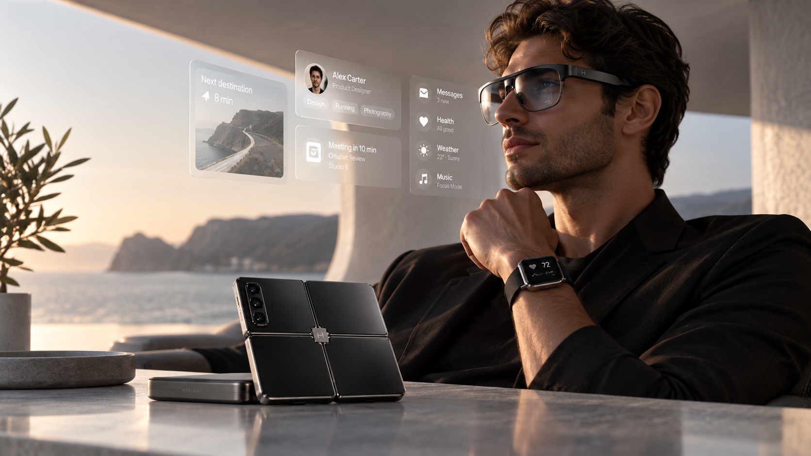 A man wearing HCELLVI Glass and HCELLVI Watch at a seaside table, the folded HCELLVI smartphone in front of him, soft contextual overlays in his view