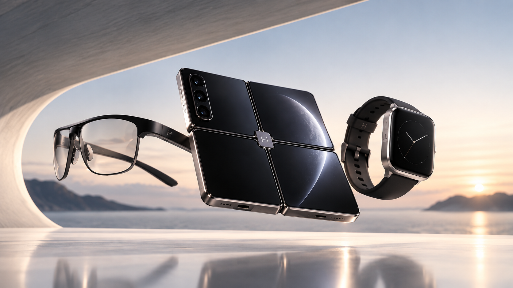 HCELLVI Glass, HCELLVI smartphone and HCELLVI Watch floating in a sunlit concrete pavilion above the sea