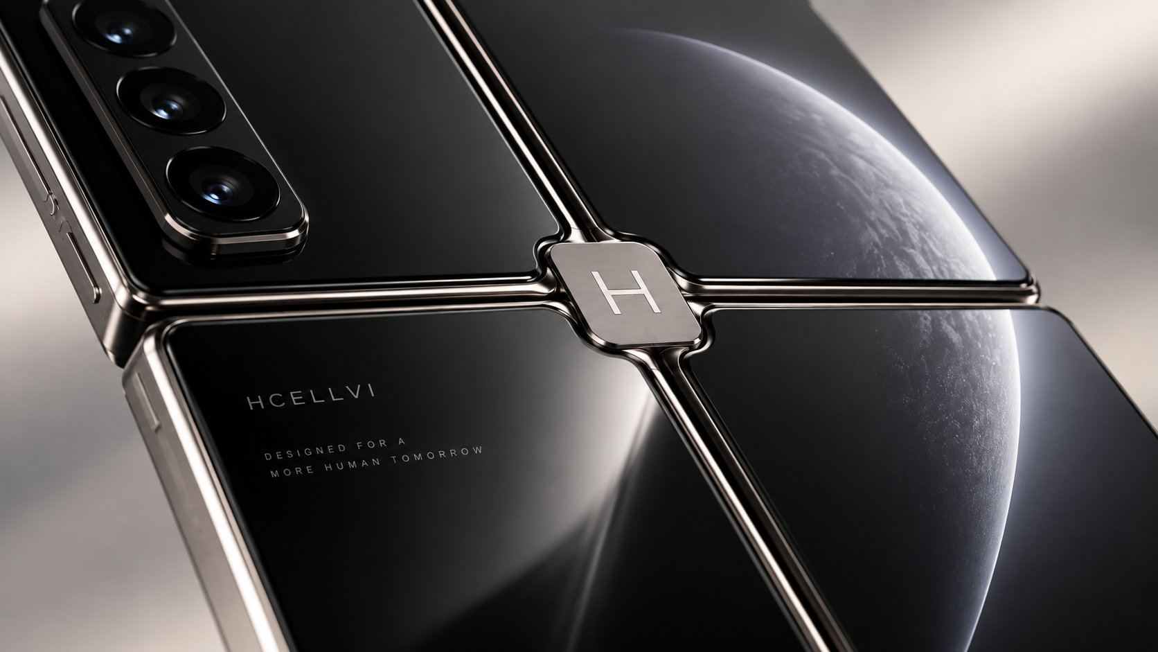 Macro view of the HCELLVI smartphone hinge: brushed titanium cross, H emblem, triple camera and glossy black panels
