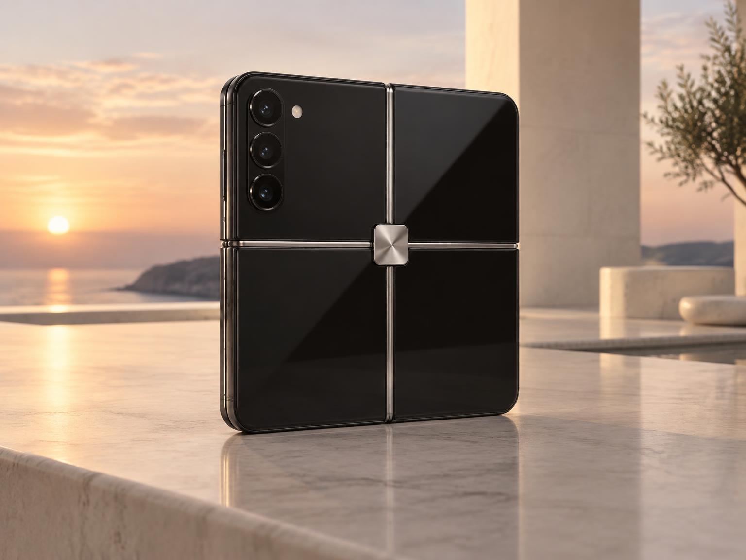 HCELLVI smartphone standing upright, four black panels joined by a titanium cross hinge