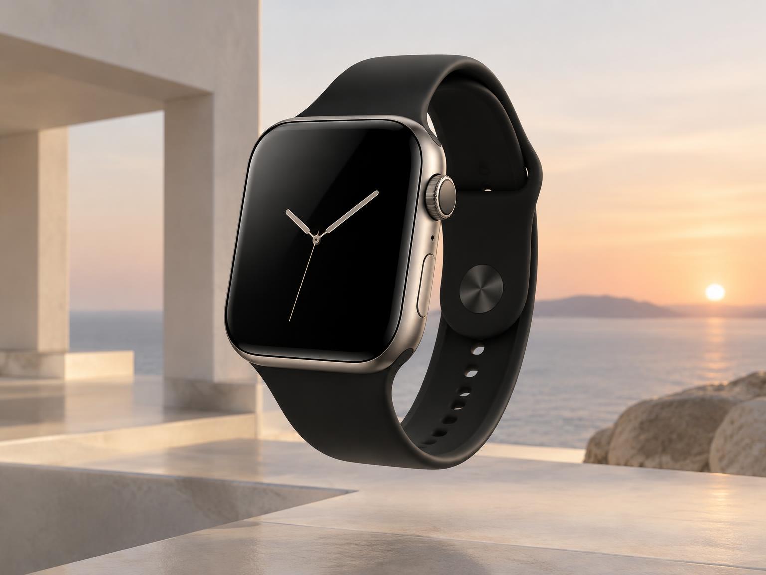 HCELLVI Watch with square titanium case and black strap at sunset